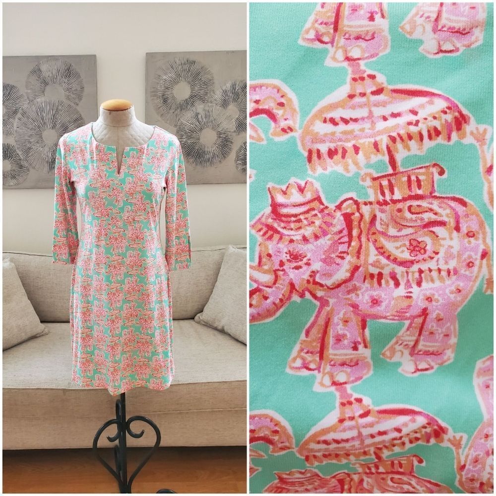 Barbara Erickson 3/4 Sleeve Elephant Print Midi Dress Sz Sm